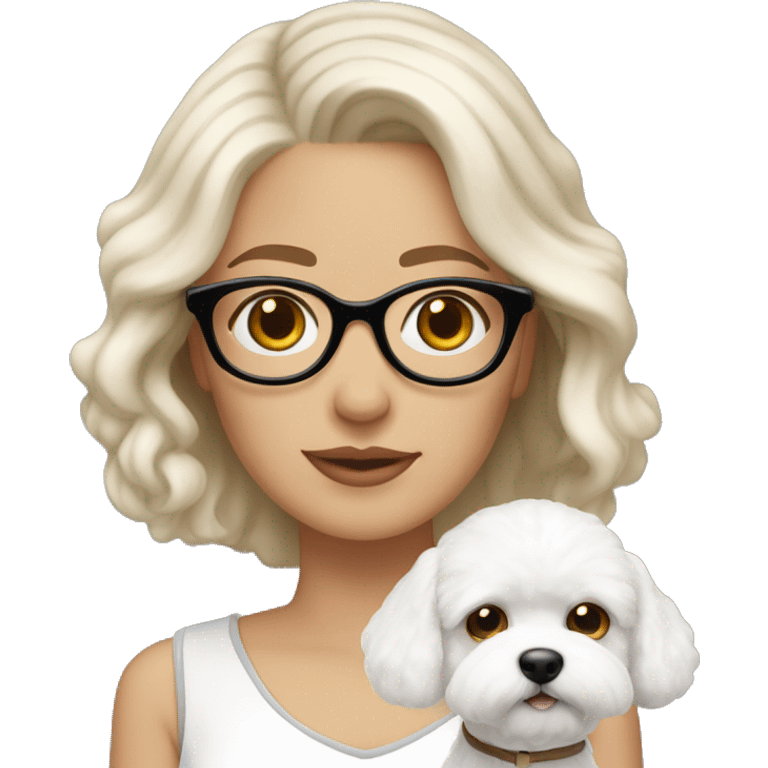 white-woman-with-white-medium-hair-big-hazel-eyes-and-glasses- holding- Bichon with light brown ears  emoji