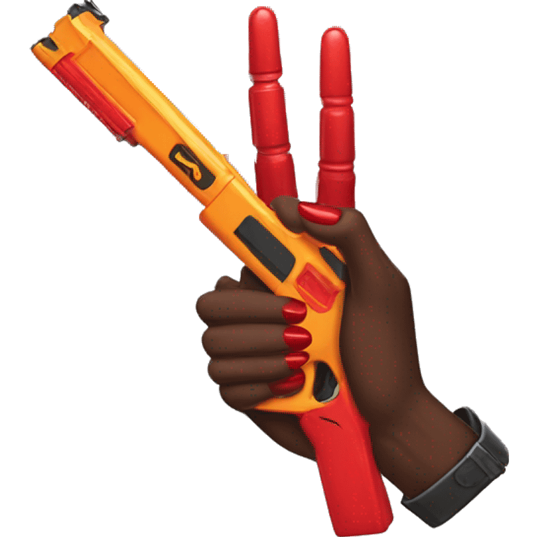 brown hand with red nails holding scary dark nerf gun emoji