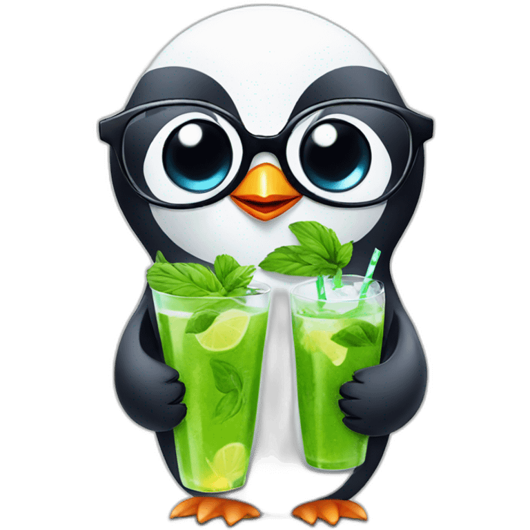 baby penguin with big glasses drinking mojito emoji