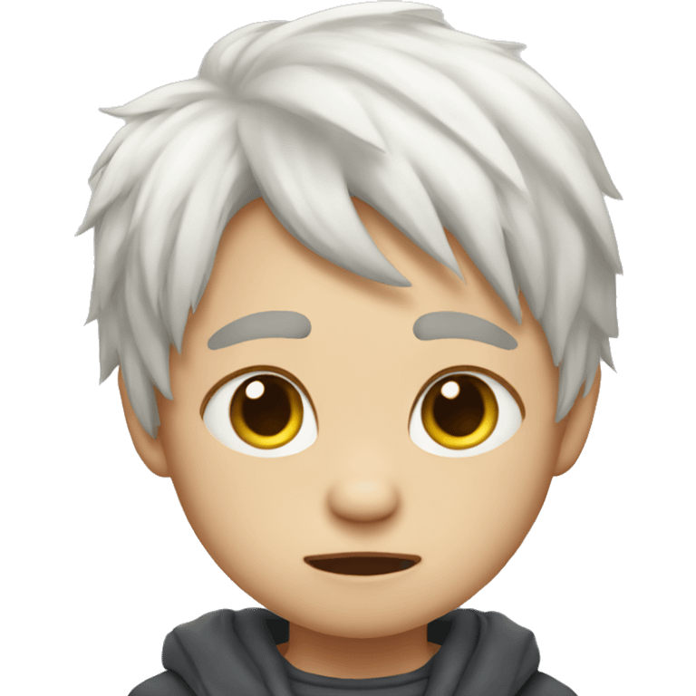 cat-like mini boy, white hair, crying like baby emoji