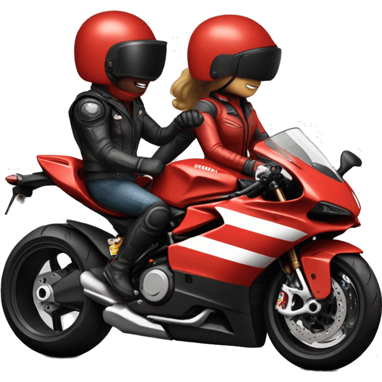 Biker couple wearing helmet , not showing face, in a red ducati 1098 motorcycle  emoji