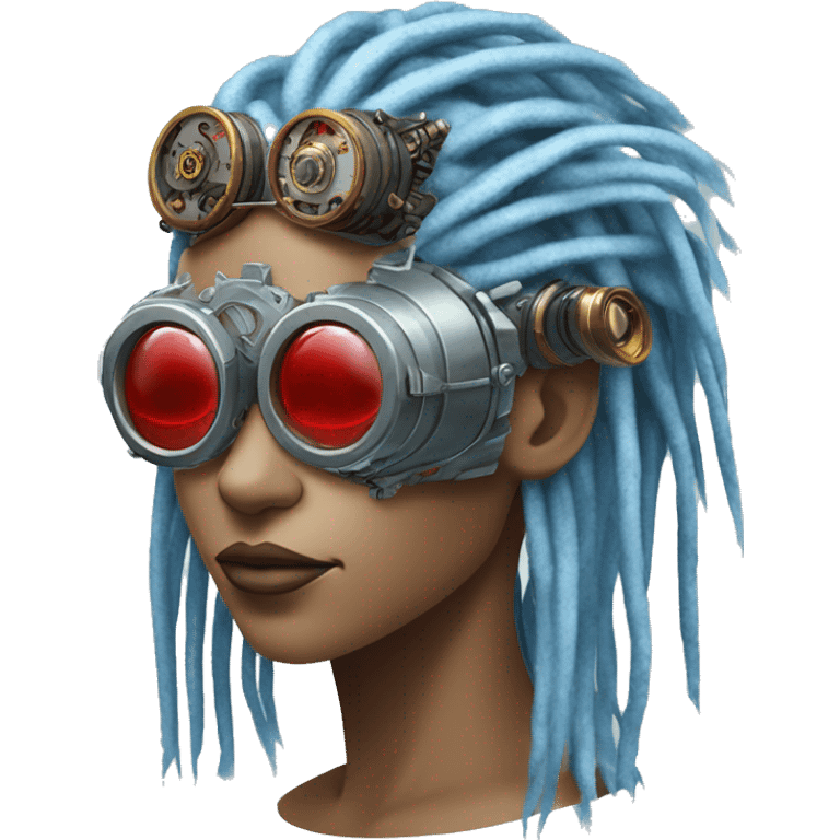 Light blue long dreadlocks female cyborg head with red steampunk goggles and circuits emoji