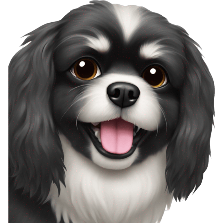 Pekingese poodle mix black dog with white chest and underbite with teeth showing  emoji