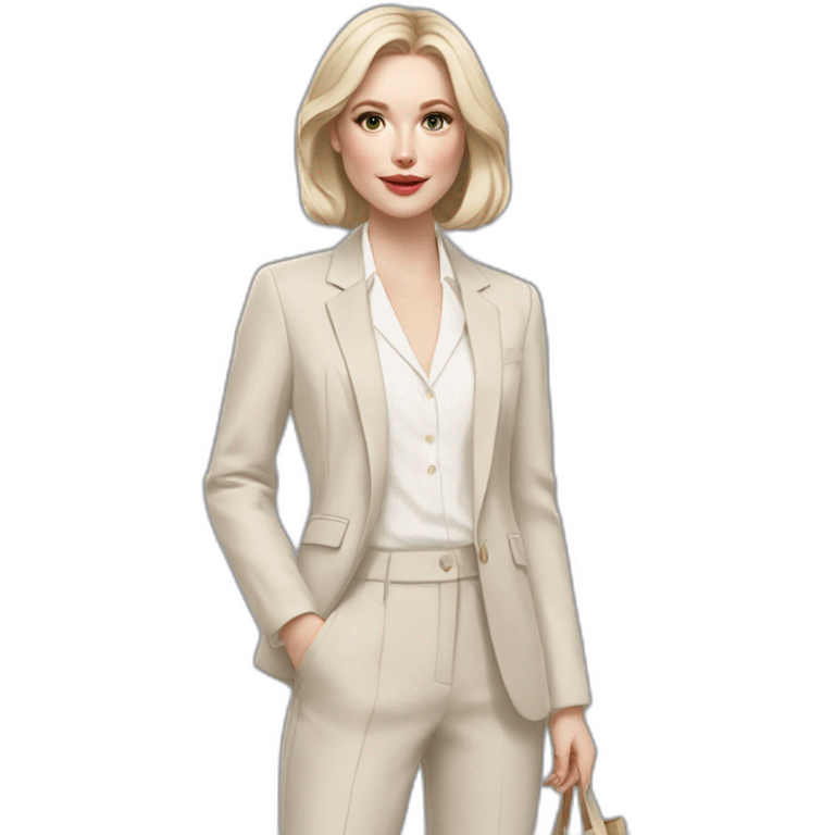 pale skin woman with ash blonde Straightened bob Hair, White Spacious classical jacket, beige palazzo Arrow pants and gray blouse holding a color palettes in the hands emoji