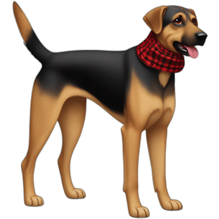 75% Coonhound 25% German Shepherd mix dog wearing small pointed red buffalo plaid bandana side view full body facing left emoji