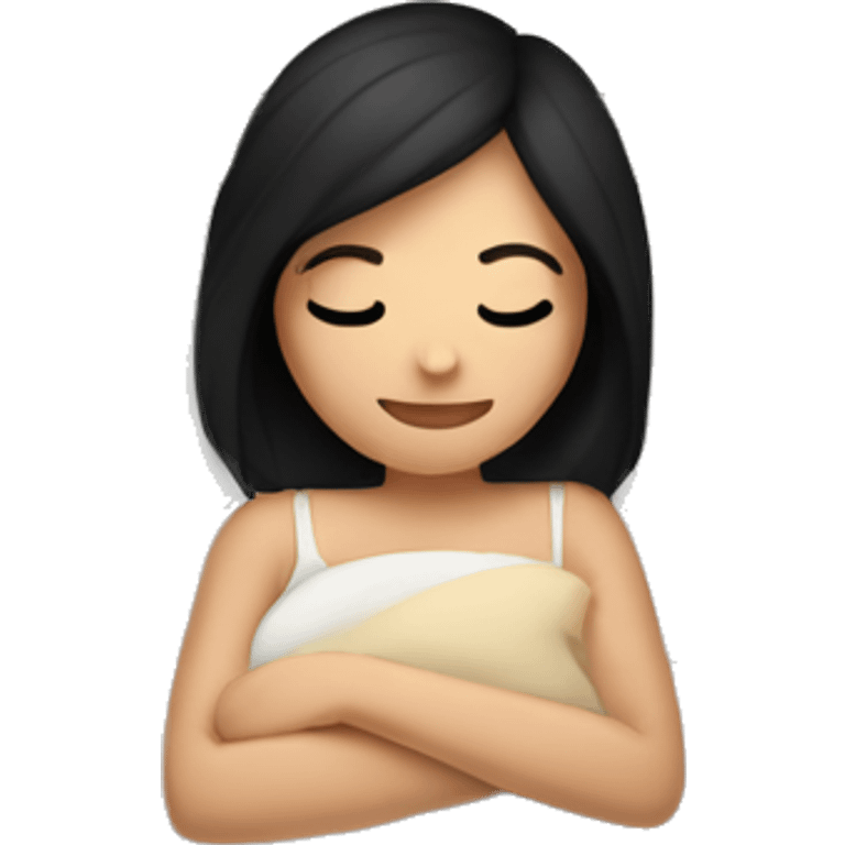 caucasian girl with black straight hair sleeping cozy in bed emoji