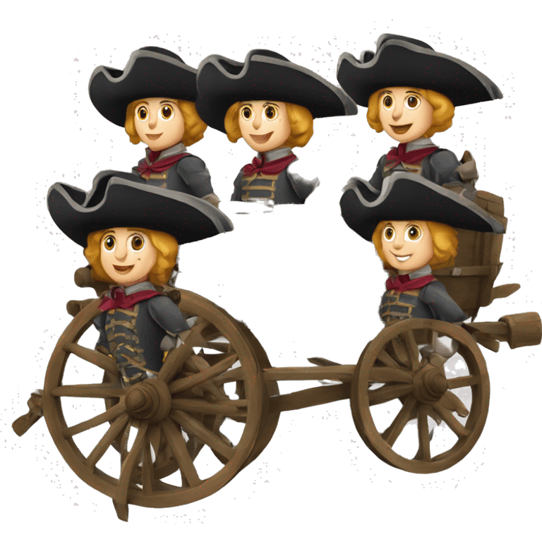 17th century musketeers driving mail wagon, 1 male & 2 females emoji