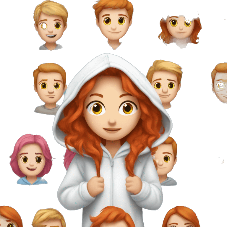 A redhead girl with brunette eyes  who is approximately 5,2 with a pink hoodie and pijamas hugging a blue eyed redhead-blonde boy with freckles and copper hair and breed wearing pijamas and a white hoodie emoji