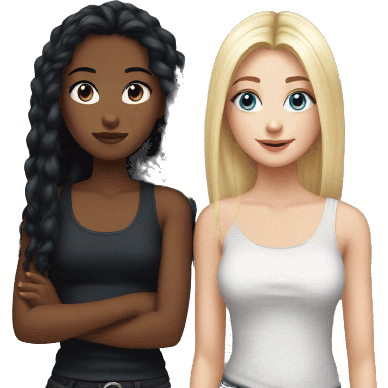 A girl with black hair and hazel eyes wearing a black tank top with her best friend who has straight blonde hair and dark blue eyes and is wearing black emoji