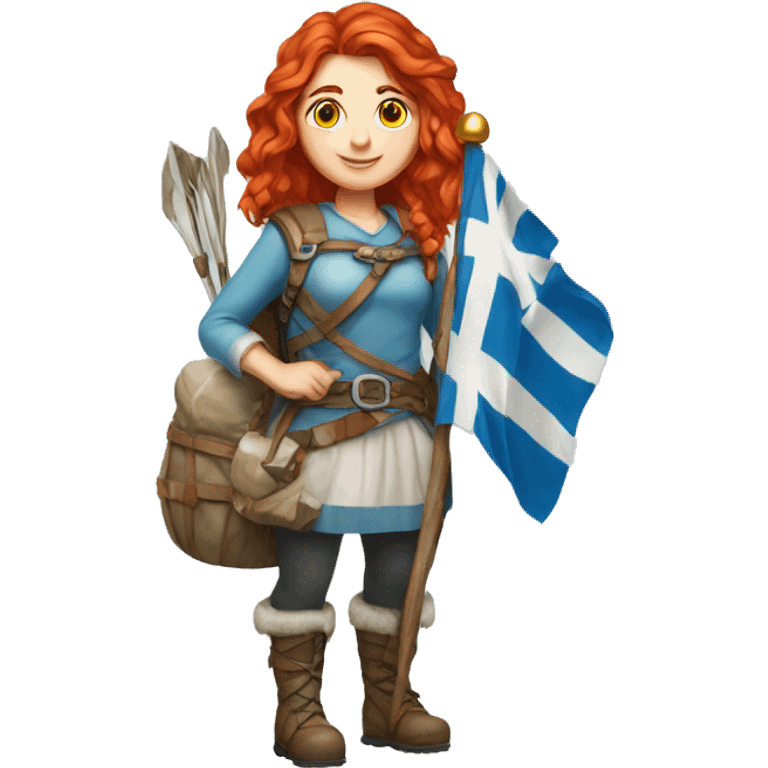 red hair female winter mountaineer offering Easter eggs and Greek flag emoji