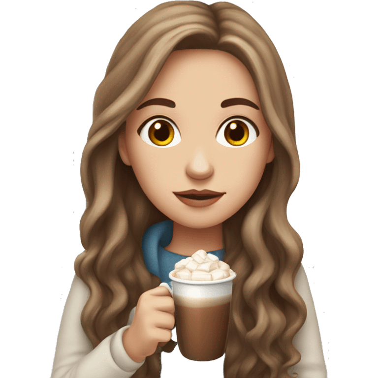 white girl with brown long hair and a hot chocolate emoji