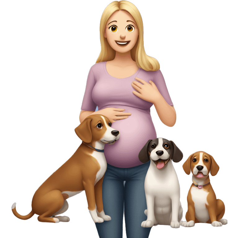 Pregnant woman surrounded by 3 playful dogs emoji