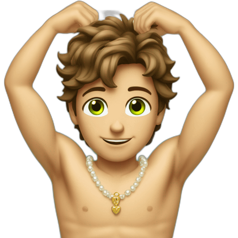 Posh-muscle-boy-brown-hair-green-eyes-pearl-necklace-in-golden-bathtub emoji