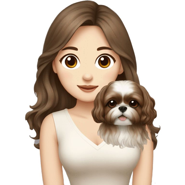 long brown wavy hair korean girl with cream and brown colored shih tzu emoji