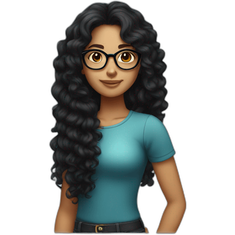 tanned girl with long black curly hair and round glasses emoji