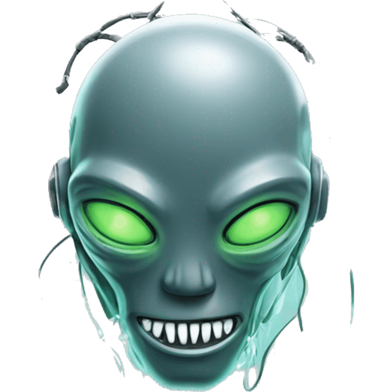 Alien robot head with glowing wires and white teeth  emoji