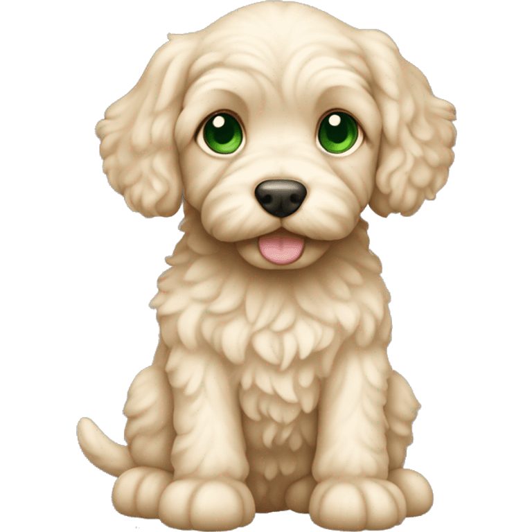 Cream cockapoo puppy whole body with green eyes emoji