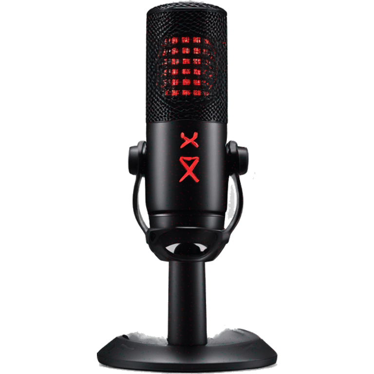 Create an emoji of the HyperX QuadCast microphone, showing its cylindrical black body with red LED grille lighting, compact shock mount stand, and subtle HyperX logo detail, giving it a sleek, modern look. emoji