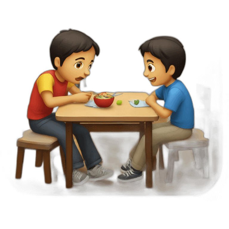 dos niños hablando en una mesa emoji