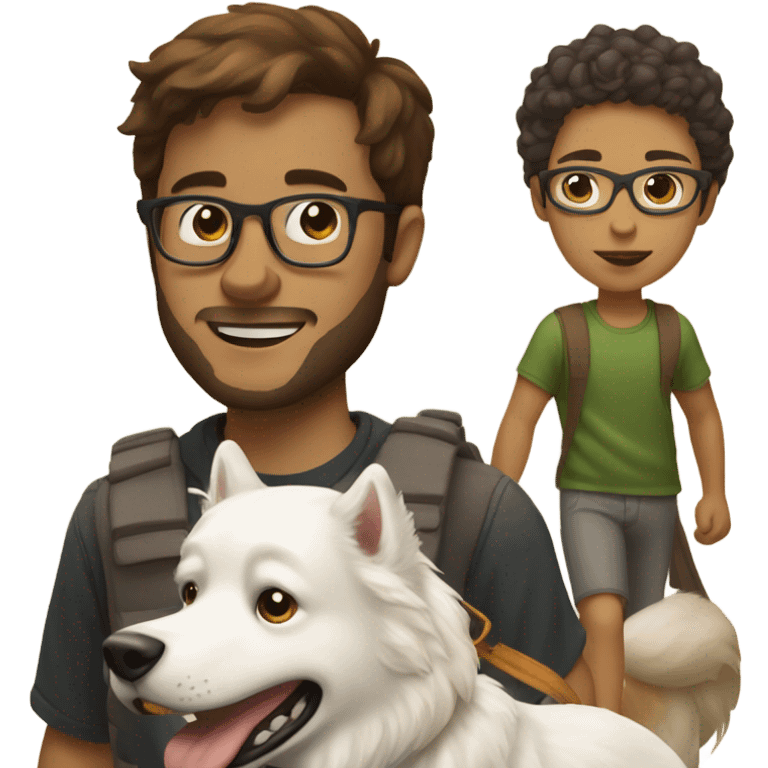 Brown haired man with glasses, walking a white husky and a golden retriever emoji