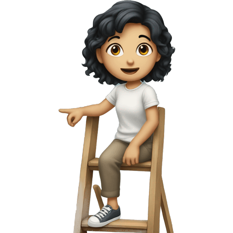 Small girl with black hair on ladder holding up finger emoji