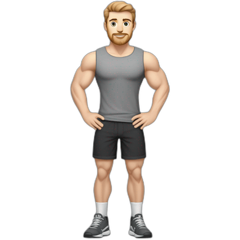 Full height Pale skinned fit man With biceps, Realistic eyes and mouth, light brown hair and stubble In dark gray sleeveless mike, black oversize sports shorts, watch and white sneakers. emoji