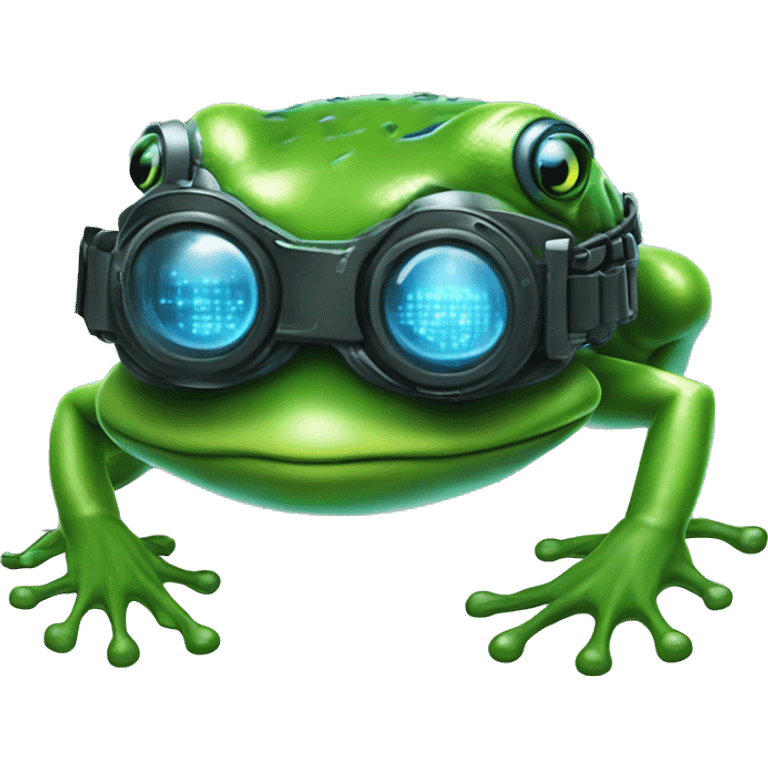 Create a high-quality emoji resembling a cybernetic frog mascot inspired by Neo from The Matrix. The emoji should feature the frog's face with sleek VR goggles and a form-fitting cyber armor with glowing blue circuit patterns.  emoji