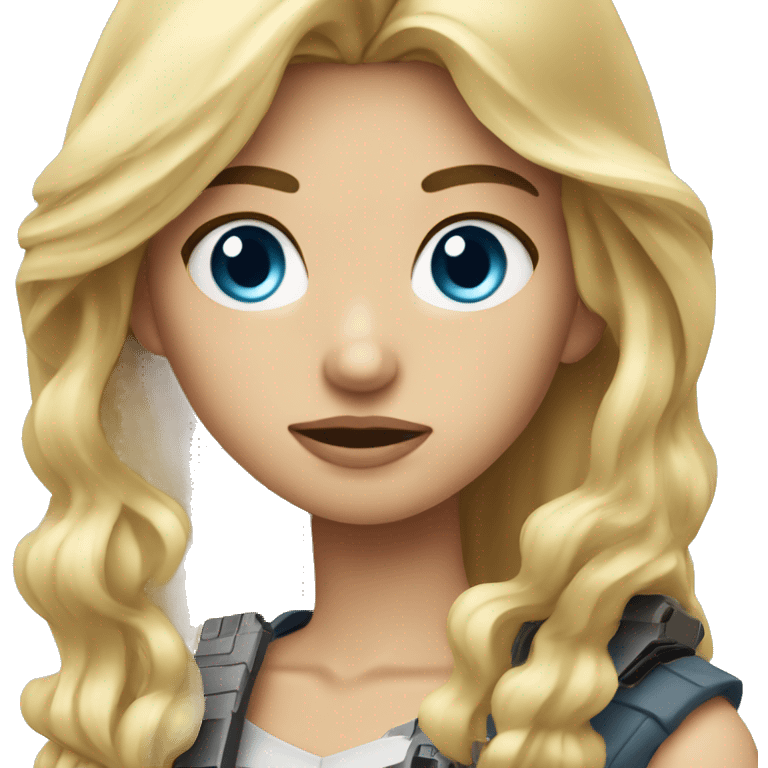 Long Blonde hair blue eyes girl holding gun up while squinting emoji