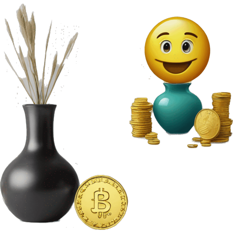 collectible coins next to a glass vase and framed art emoji