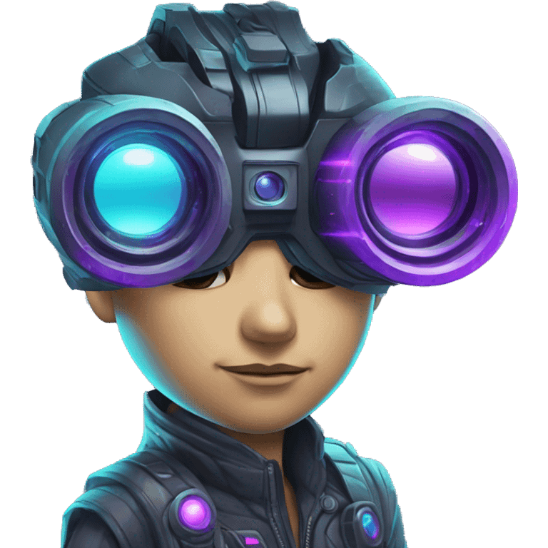 Secret human agent with  cyberpunk elements with a spyglass scanning looking reviewing multicolor lines of code, cyan and purple colors, only upper body portrait emoji