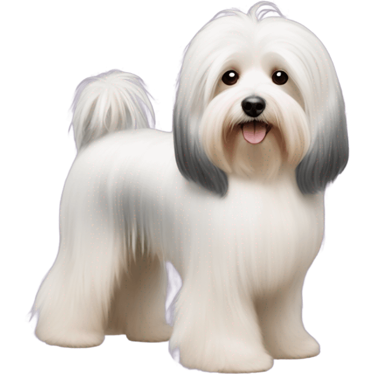 Side view of Havanese with long hair all the way down to the dogs feet at a dog show  emoji