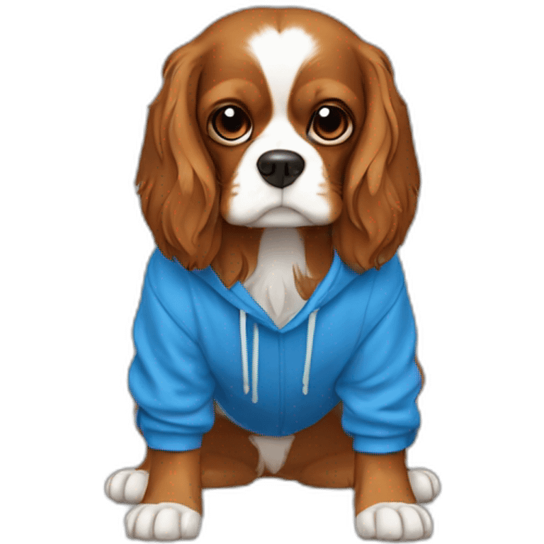 Fully Brown/golden, no white, cavalier King Charles spaniel dog with blue hoodie on, over his head emoji