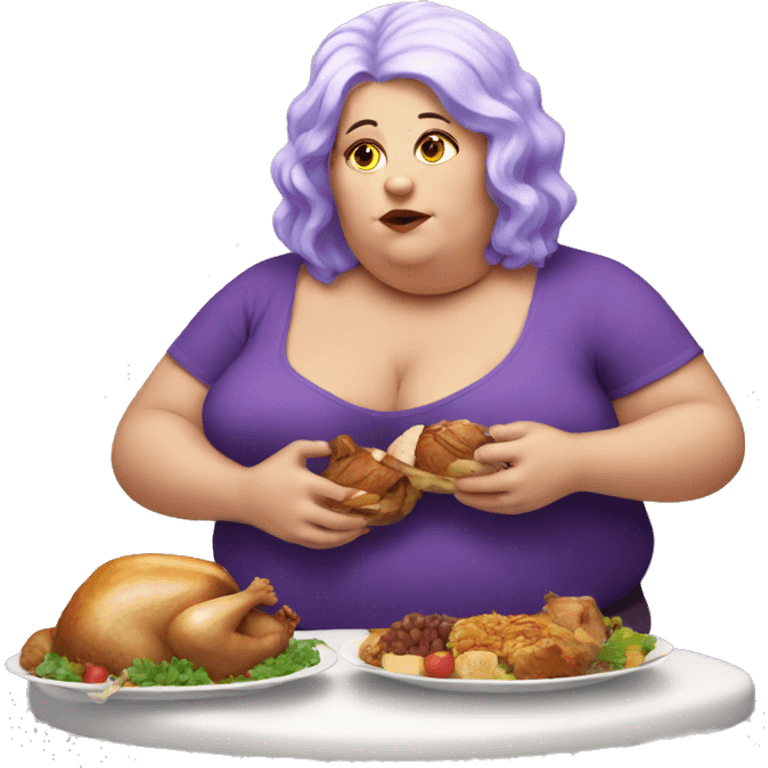 Fat white lady with purple hair sitting down eating turkey  emoji