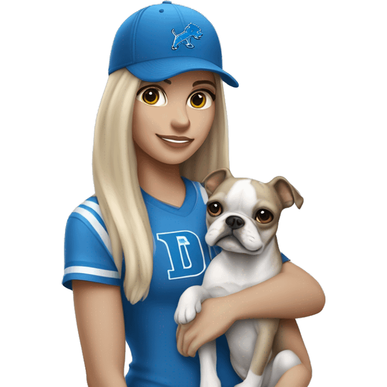 A blonde haired girl shoulder langth wearing a Detroit Lions hat and holding in her arms a gray and white Boston terrier emoji