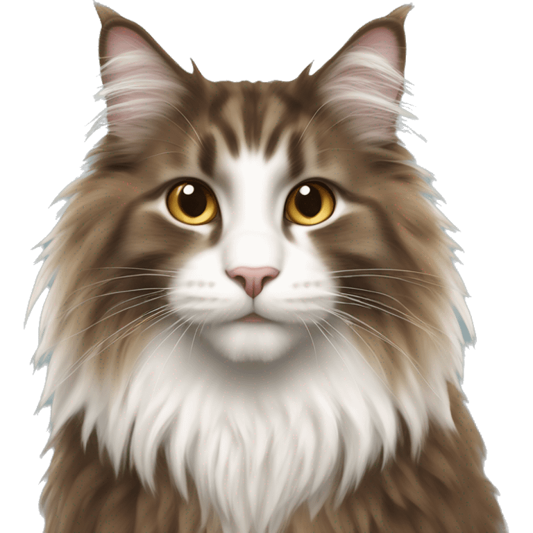 Norwegian forest cat with brown dark long fur and white neck fur and white nose  emoji