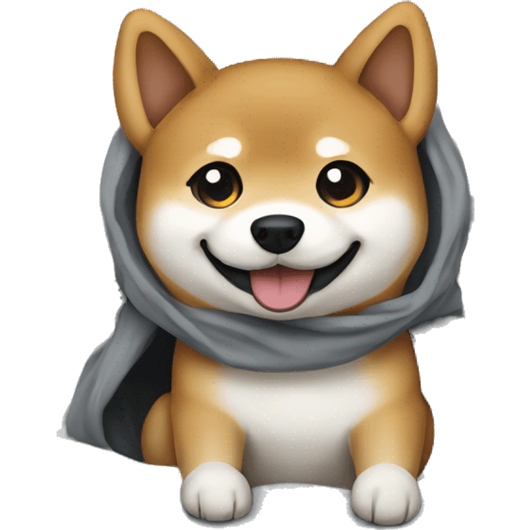 Shiba Inu dog with big eyes smiles while sitting in a gray blanket emoji