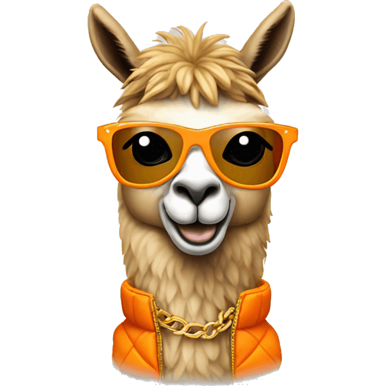 llama wearing an orange puffer vest and sun glasses gold chain emoji