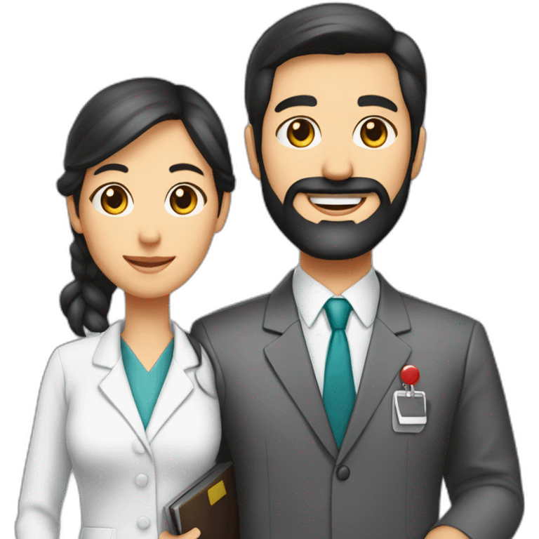 husband classic executive 55 dark hair trimmed beard wearing business suit holding bible, with wife asian age 55 dark hair wearing nurse uniform emoji