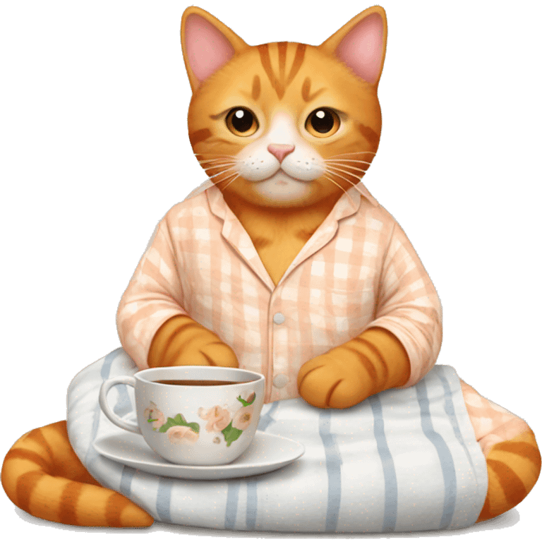 Orange tabby in pajamas with tea emoji