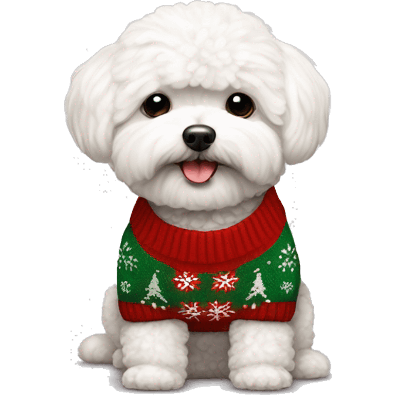 White Maltipoo wearing Christmas sweater emoji