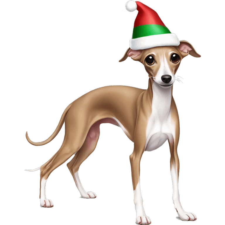 Italian greyhound stretching with a Christmas hat emoji