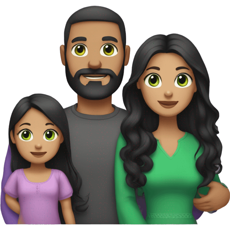 dad with black beard, white skin mom with long straight black hair and green eyes, and baby girl  with black hair purple dresses for everybody emoji