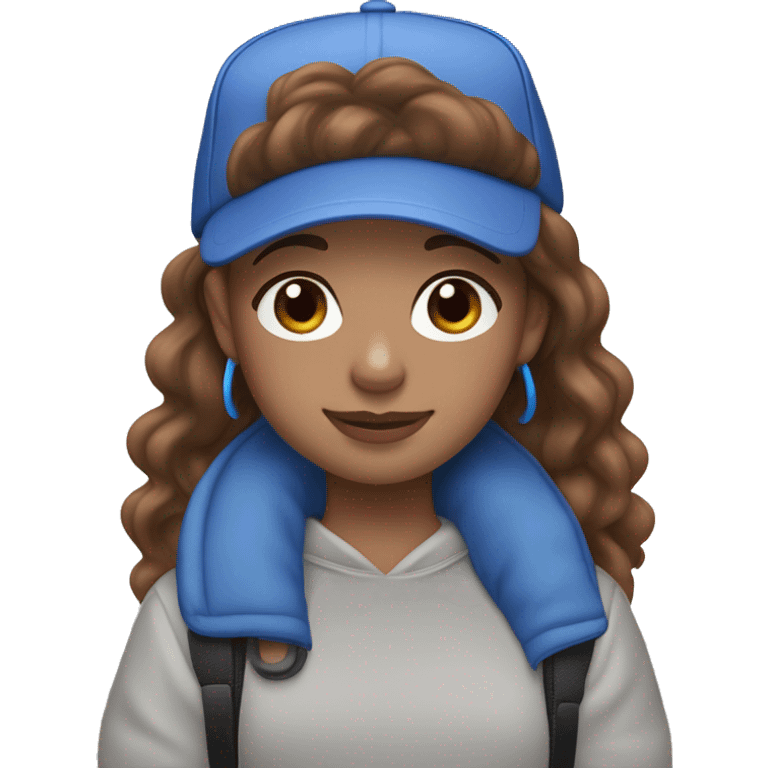 girl with wavy brown hair , blue eyes , light skin wearing blue  AirPods Max and blue cap emoji