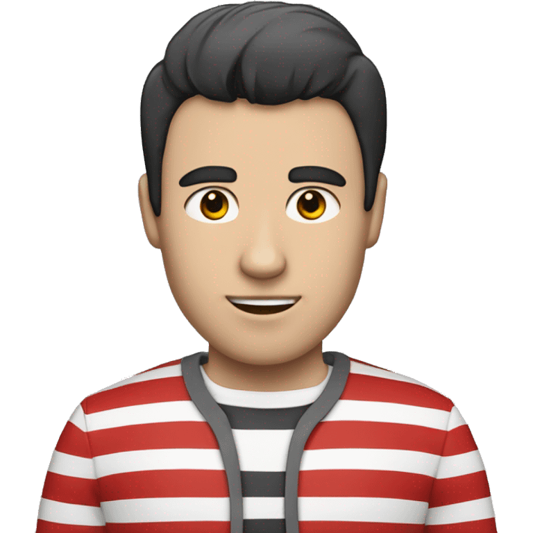 A  man with a shirt with red, black and white stripes (the man has black hair and white skin) emoji