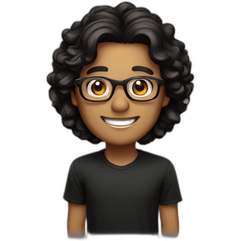 Caramel smiling man, dark brown eyes, black long wavy hair, no facial hair, thin and long nose, round glasses, black t shirt emoji