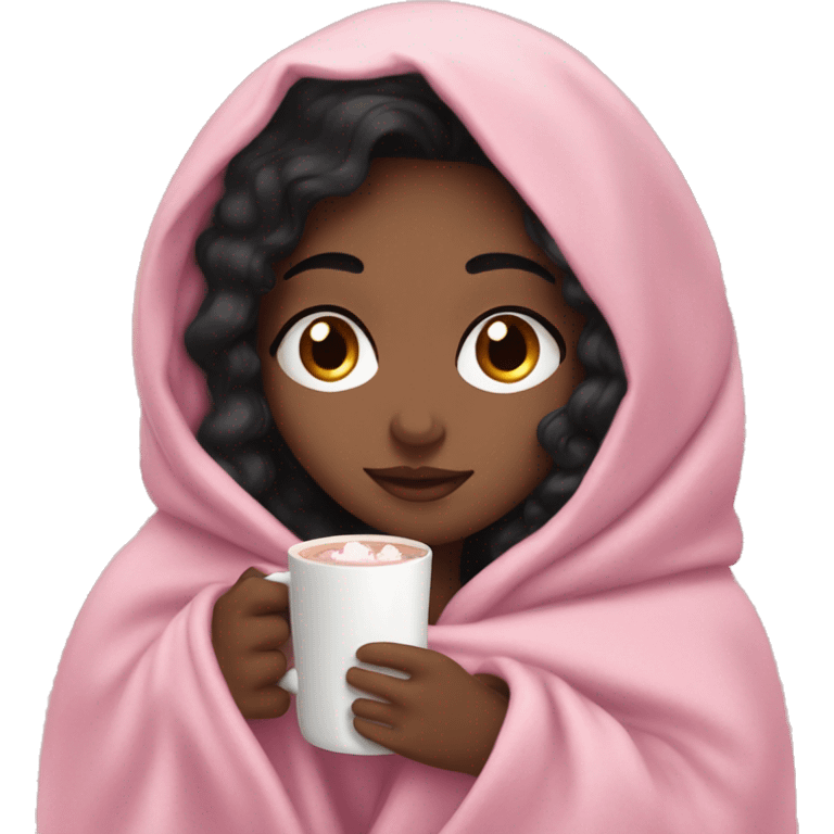 black haired girl snuggled up in a pink blanket drinking hot chocolate  emoji