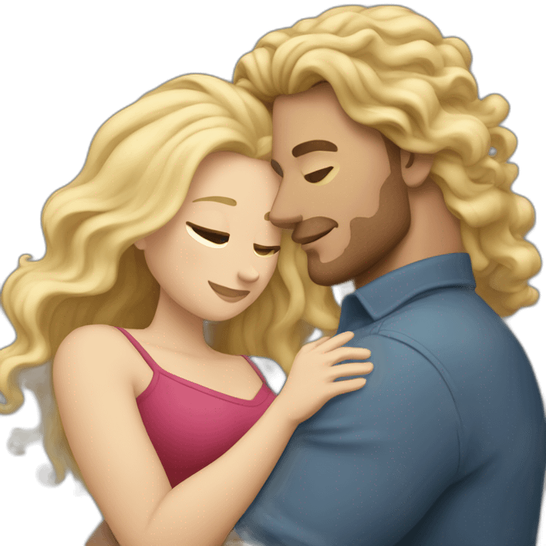 White Man with long dark curly hair hugging a blonde curvy woman emoji