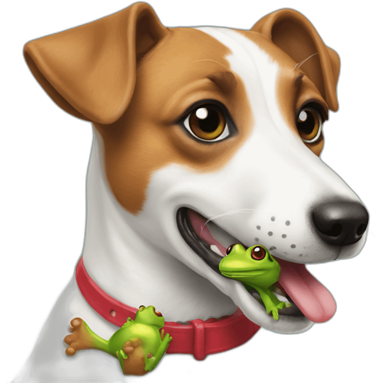 A large jack russel holding toy frog in mouth emoji