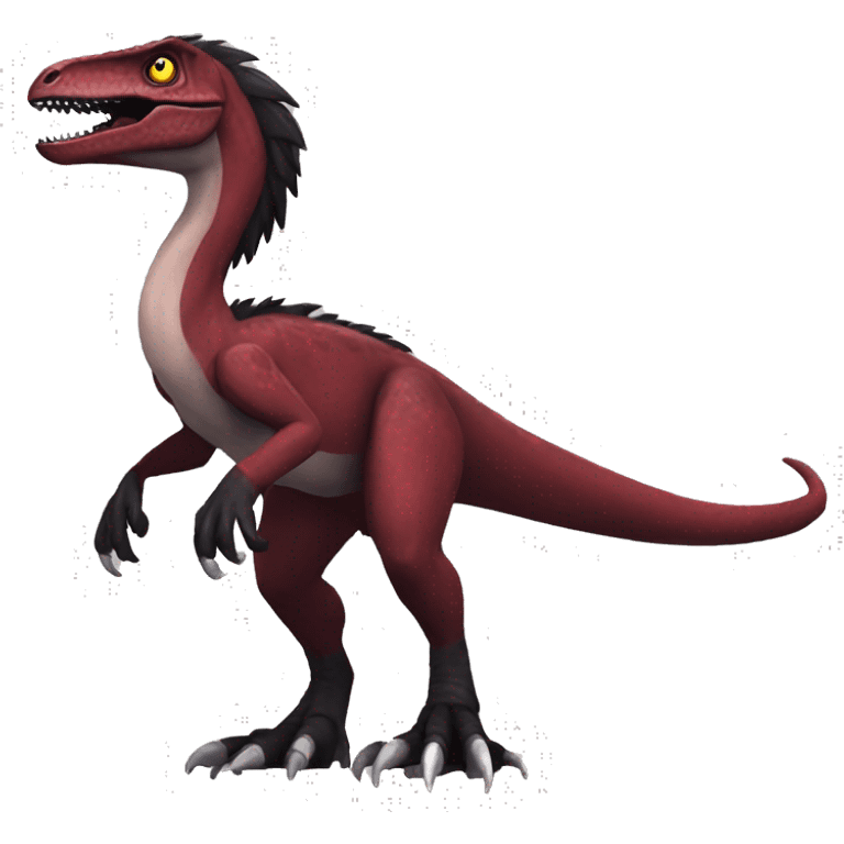 Cool edgy handsome Maroon-colored velociraptor with a black tousled mane on head and back, full body emoji