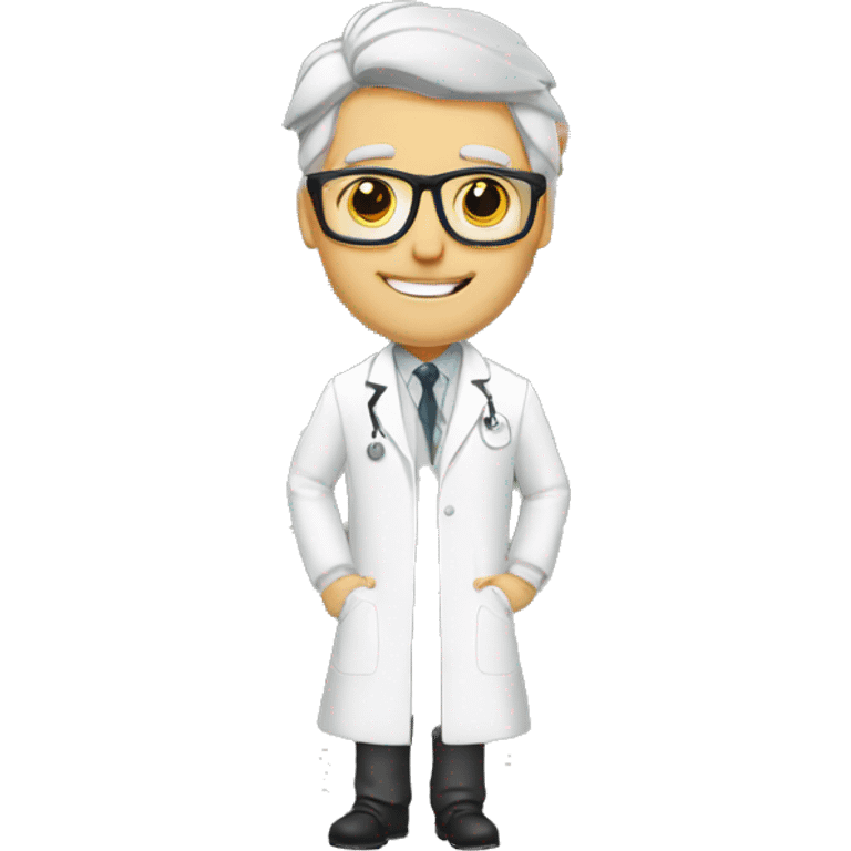 White pharmacist with gray hair in lab coat in gym with alters emoji